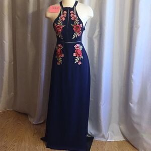 NWOT front wrap style dress in navy with colorful applications of roses